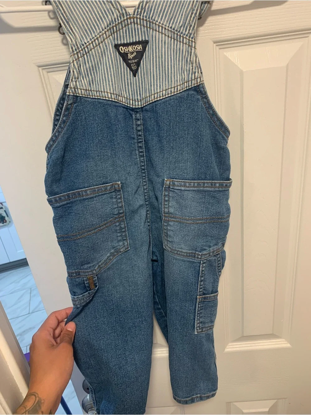 OshKosh B'gosh Blue Denim Toddler Overalls with Striped Bib Detail